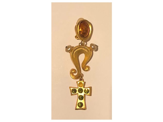 Orecchini a clip Christian Lacroix Oro Cristalli Verdi Perle Smalto Gold hardware - vista 11