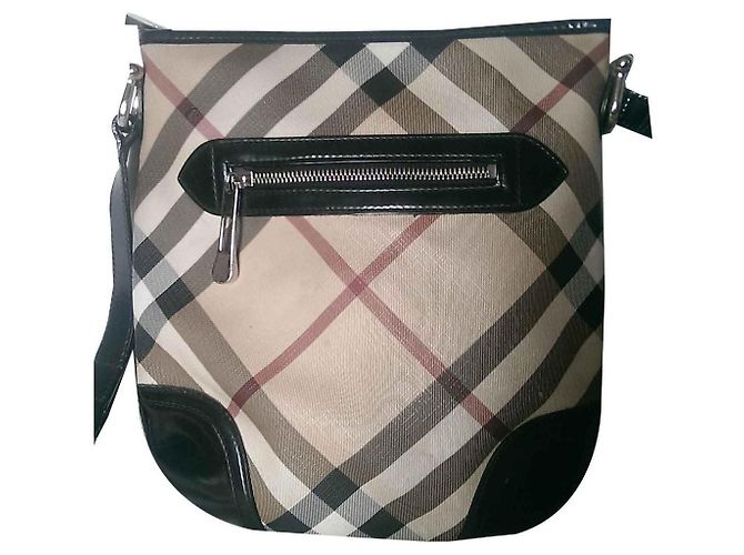 Borsa a tracolla Burberry Supernova in tela marrone e pelle verniciata nera Nero - vista 2