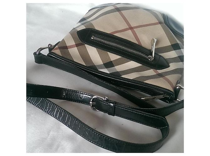 Borsa a tracolla Burberry Supernova in tela marrone e pelle verniciata nera Nero - vista 7