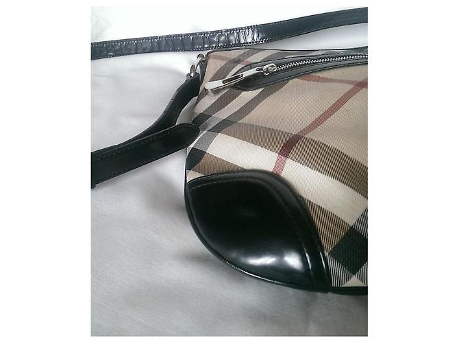 Borsa a tracolla Burberry Supernova in tela marrone e pelle verniciata nera Nero - vista 8
