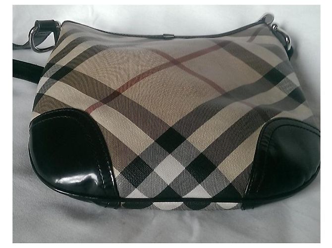 Borsa a tracolla Burberry Supernova in tela marrone e pelle verniciata nera Nero - vista 9