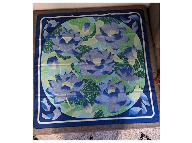 Fiore di loto vintage quadrato Hermès Anno 90 Blu - vista 12
