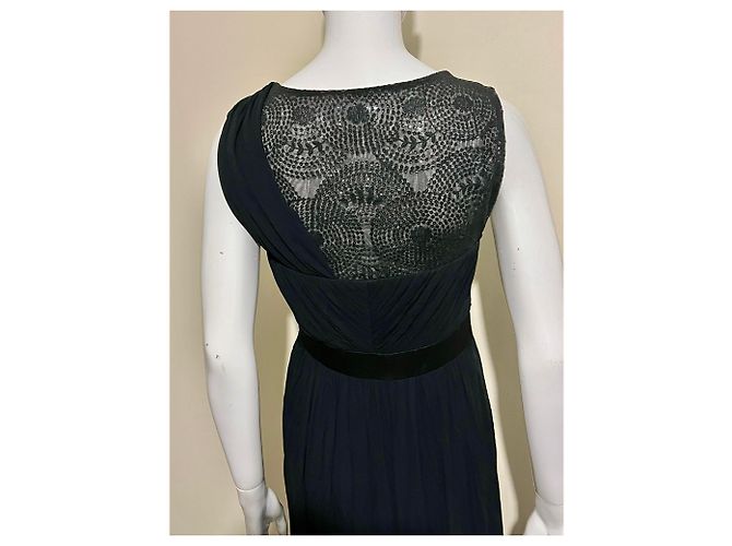 Vera Wang Drapiertes schwarzes Abendkleid mit Spitzeneinsätzen - Ansicht 5