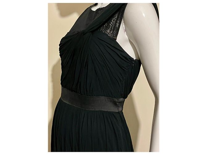 Vera Wang Drapiertes schwarzes Abendkleid mit Spitzeneinsätzen - Ansicht 8