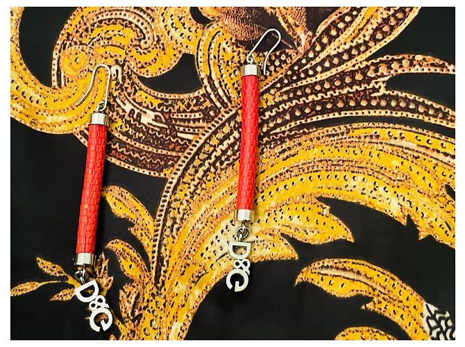 Orecchini DOLCE & GABBANA in acciaio e pelle rossa stampa “croco”, Rosso - vista 12