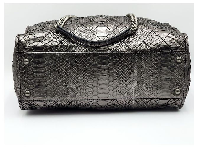 Bowling Ultra Rare Chanel Iridescent Metallic Silver Python Bowler Chain Boston Bag Silvery - view 11