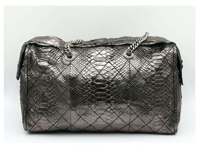 Bowling Ultra Rare Chanel Iridescent Metallic Silver Python Bowler Chain Boston Bag Silvery - view 6