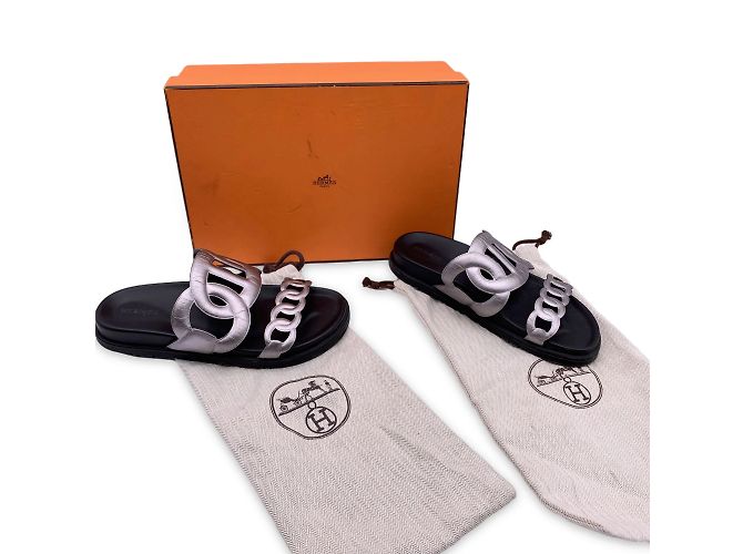 Hermès Hermes Silber Leder Chaîne d'Ancre Extra Slide Sandalen Schuhgröße 37 - Ansicht 2