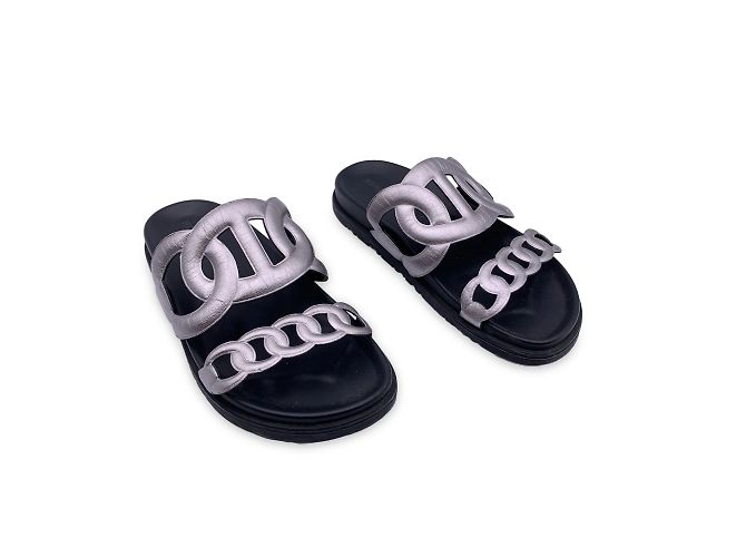 Hermès Hermes Silber Leder Chaîne d'Ancre Extra Slide Sandalen Schuhgröße 37 - Ansicht 3