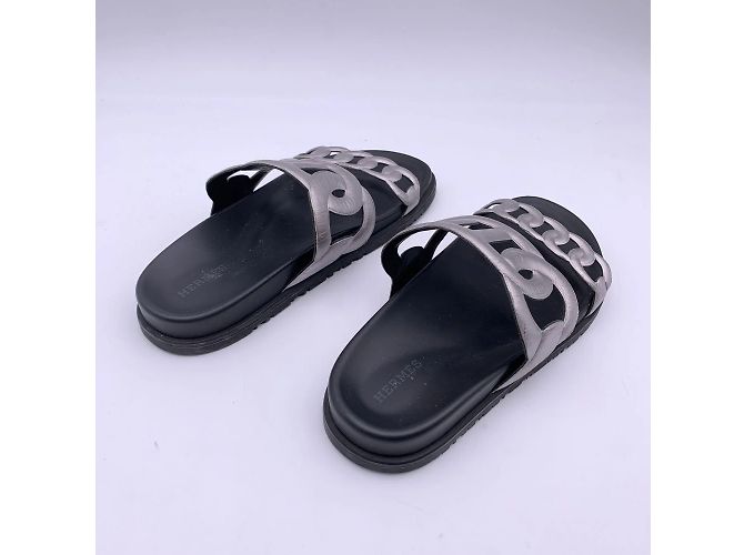 Hermès Hermes Silber Leder Chaîne d'Ancre Extra Slide Sandalen Schuhgröße 37 - Ansicht 4