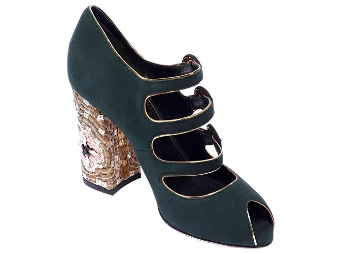 Sandali Dolce & Gabbana in pelle di cervo verde scuro - vista 3