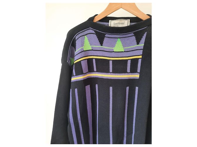 Gianni Versace Strickwaren Vintage Herren Wollpullover 80S 90S Schwarz Mehrfarben - Ansicht 5