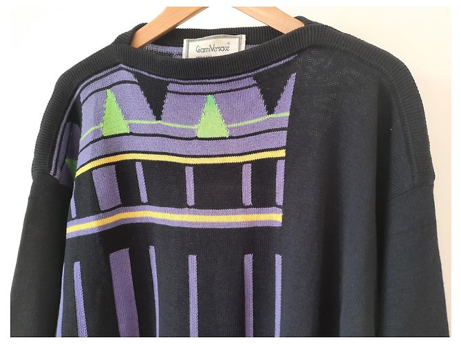 Gianni Versace Strickwaren Vintage Herren Wollpullover 80S 90S Schwarz Mehrfarben - Ansicht 6