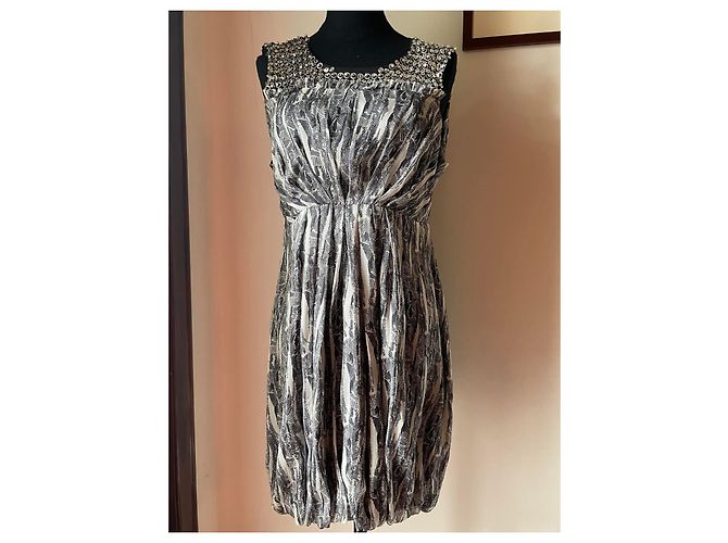 Autre Marque Wunderschönes Kleid von LORNA BOSE aus Seide 100%, grau-weiß-schwarzes Muster - Ansicht 10