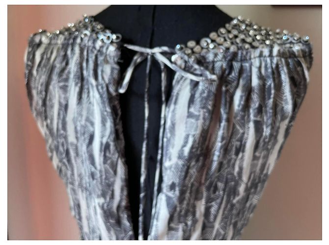 Autre Marque Wunderschönes Kleid von LORNA BOSE aus Seide 100%, grau-weiß-schwarzes Muster - Ansicht 7