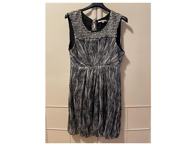 Autre Marque Wunderschönes Kleid von LORNA BOSE aus Seide 100%, grau-weiß-schwarzes Muster - Ansicht 8