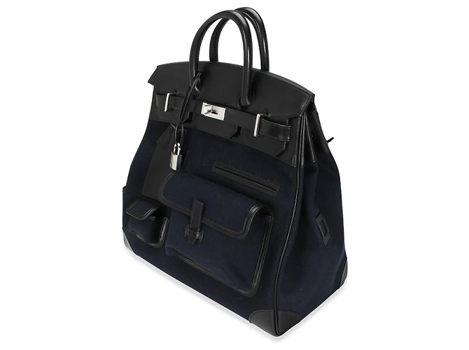 Ring Hermès Bleu Marine Toile Scatola Nera Cargo HAC Birkin 40 PHW Nero Blu - vista 2