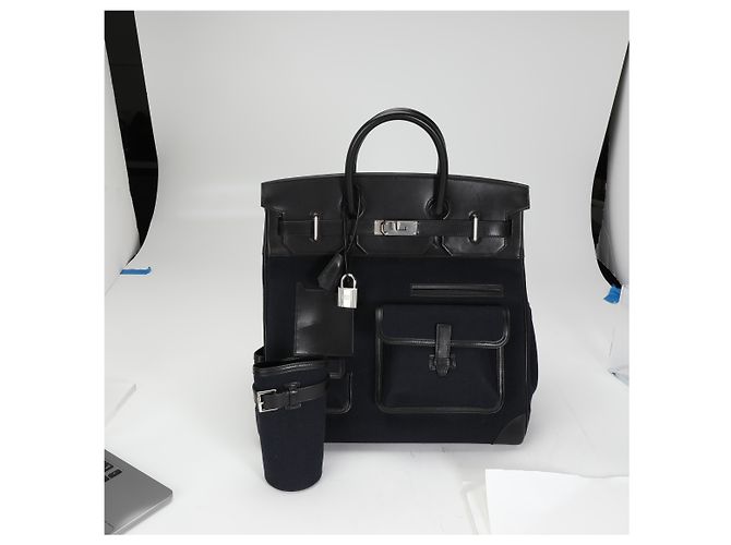 Ring Hermès Bleu Marine Toile Scatola Nera Cargo HAC Birkin 40 PHW Nero Blu - vista 7