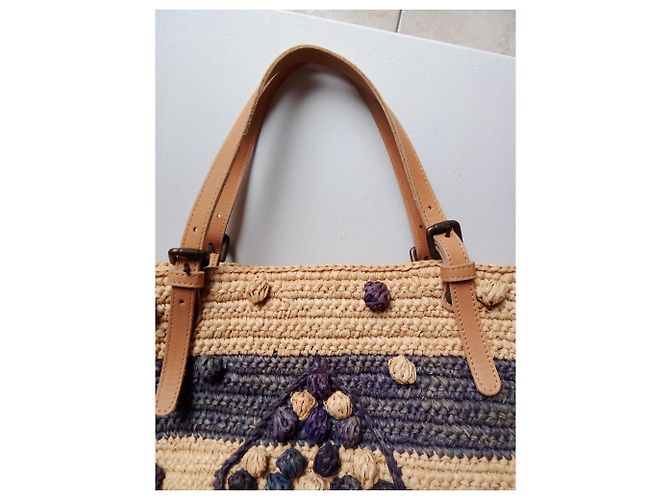 Bolso Gerard Darel Woodstock Ibiza 24H de paja y cuero azul beige - vista 3