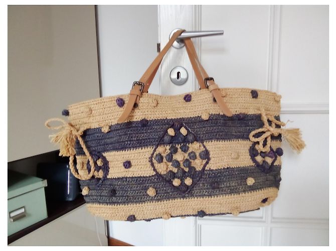 Bolso Gerard Darel Woodstock Ibiza 24H de paja y cuero azul beige - vista 8