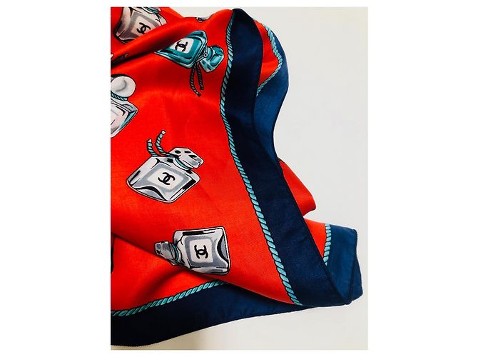 Chanel perfume bottles, Vintage scarf, rare Red Multiple colors Navy blue - view 11