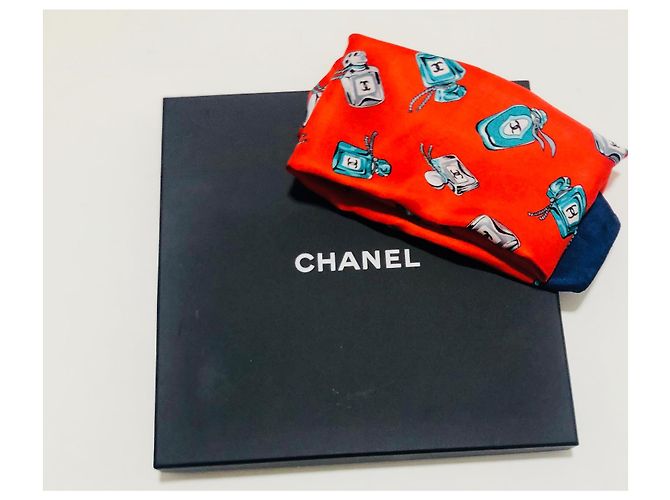 Chanel perfume bottles, Vintage scarf, rare Red Multiple colors Navy blue - view 12