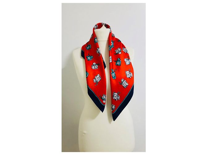 Chanel perfume bottles, Vintage scarf, rare Red Multiple colors Navy blue - view 7