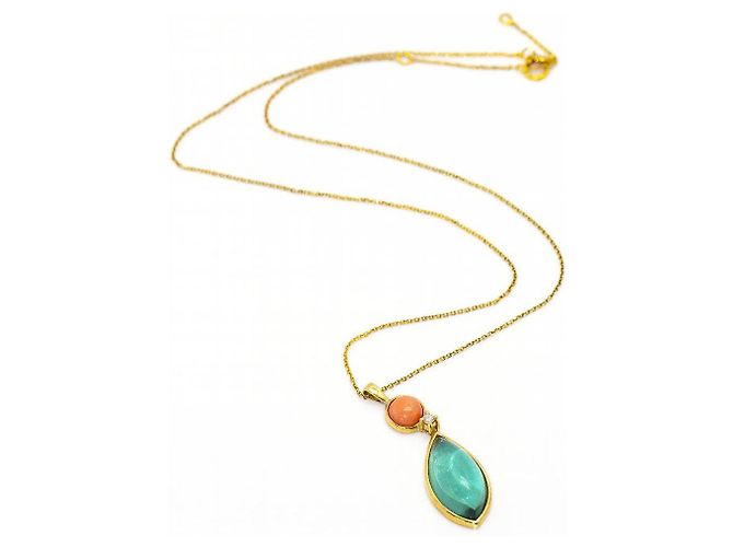 Autre Marque Gold, Collana con pendente in tormalina e corallo D'oro Arancione Verde oliva - vista 2