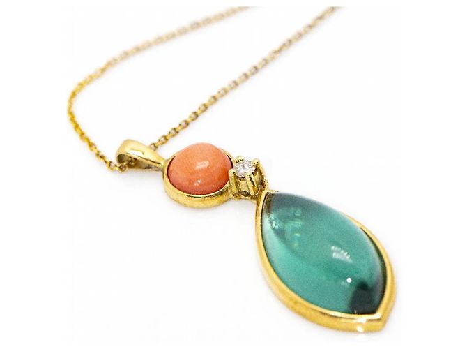 Autre Marque Gold, Collana con pendente in tormalina e corallo D'oro Arancione Verde oliva - vista 3
