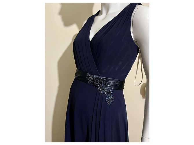 Abito da sera ingioiellato blu navy in raso e chiffon UK 14 Jenny Packham - vista 3