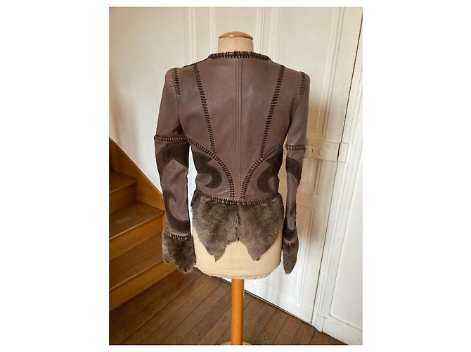 Just Cavalli giacca corta in pelle e pelli Marrone scuro - vista 3
