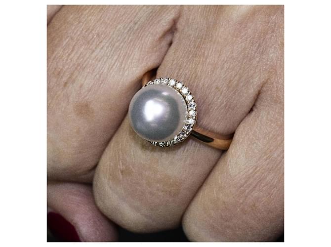 Autre Marque Perlen- und Diamantring. Golden - Ansicht 6