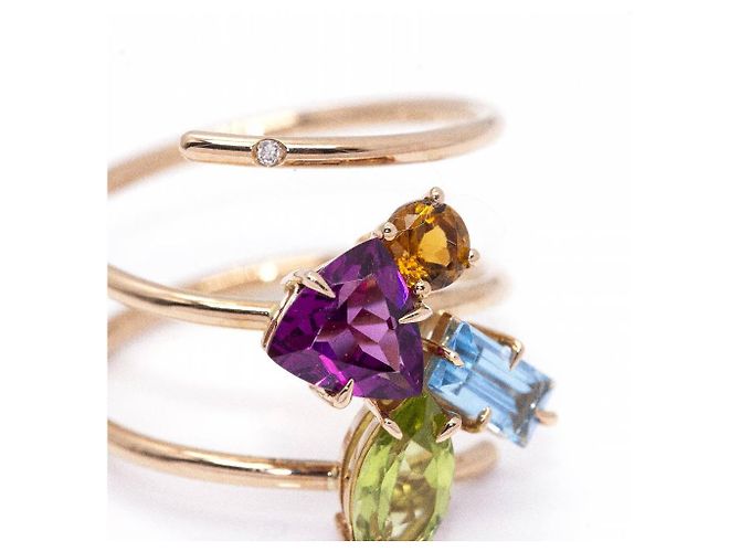 Autre Marque Anello Tuttifrutti in Oro Rosa. Arancione Verde chiaro Blu chiaro Viola scuro - vista 5
