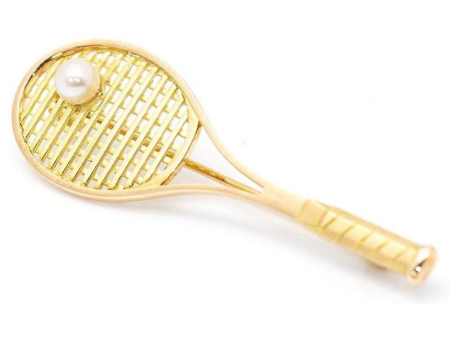 Autre Marque Spilla e ciondolo a forma di racchetta da tennis in oro giallo e perla D'oro - vista 2