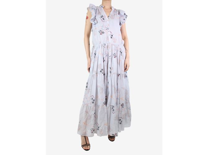 Magali Pascal Blaues, gestuftes Maxikleid mit Blumenmuster – Größe S - Ansicht 4