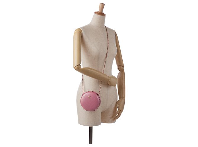 Borsa a tracolla CC a catena rotonda Chanel in pelle di agnello rosa - vista 11