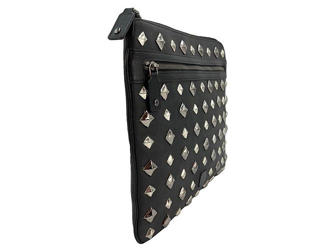 MCM Nylon Etui Tasche Logo Print Schwarz Silber Studs Metallic Case Business Bag - Ansicht 3