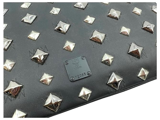 MCM Nylon Etui Tasche Logo Print Schwarz Silber Studs Metallic Case Business Bag - Ansicht 6