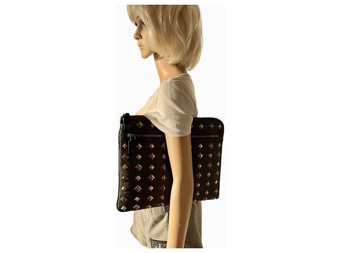 MCM Nylon Etui Tasche Logo Print Schwarz Silber Studs Metallic Case Business Bag - Ansicht 7