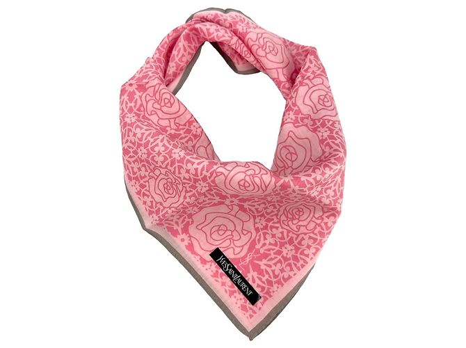 Yves Saint Laurent YSL Bandana Bufanda Mujer Algodón Rosa Rosa Gris Flor - vista 4