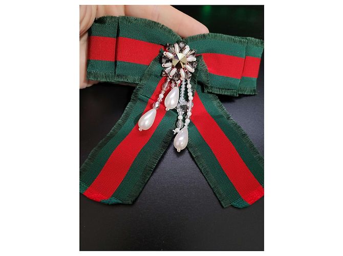Marmont Spilla Gucci Rossa e Verde in Acciaio e Tessuto Rosso - vista 6