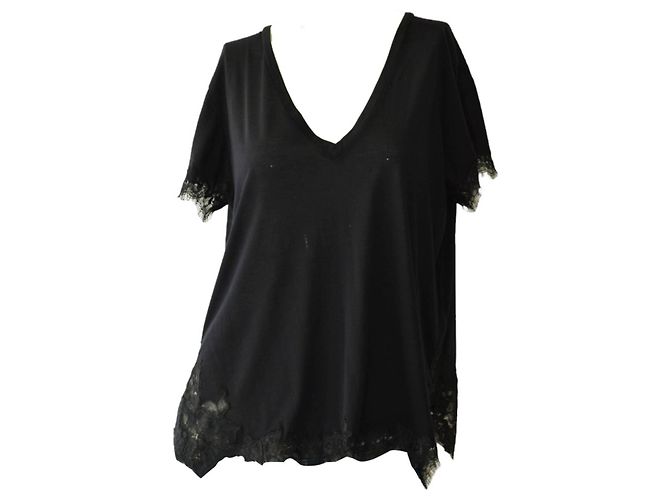 Helmut Lang Black Lace Trim V Neck T-Shirt Top M - view 2