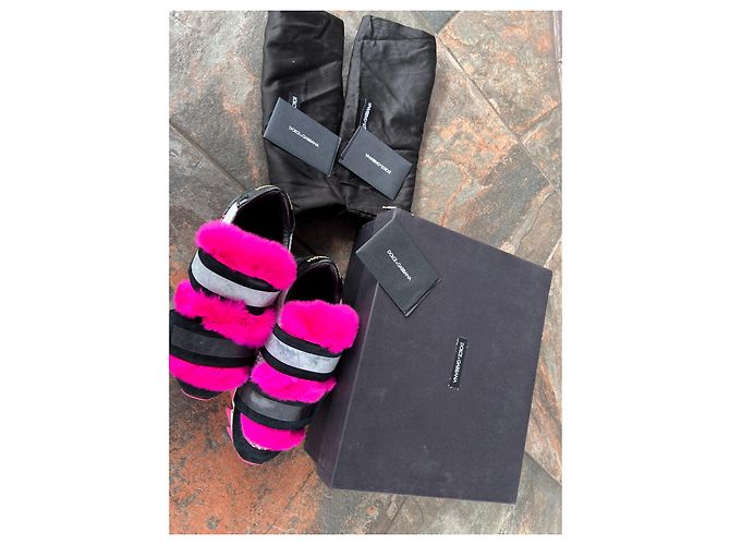 Dolce & Gabbana Sneakers Lapin in suede e pelliccia nero rosa - vista 2