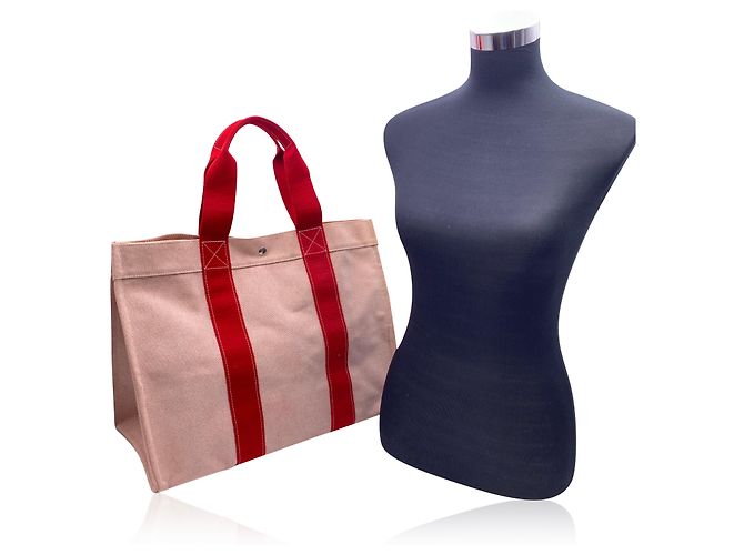 Trim Hermès Hermes Paris Beige Rot Canvas Bora Bora GM Tote Strandtasche - Ansicht 2