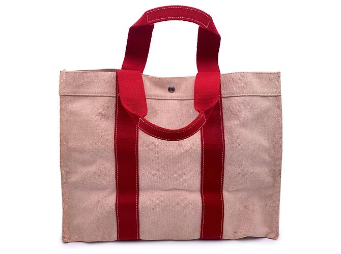 Trim Hermès Hermes Paris Beige Rot Canvas Bora Bora GM Tote Strandtasche - Ansicht 3