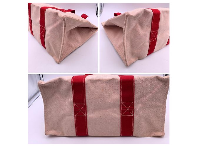 Trim Hermès Hermes Paris Beige Rot Canvas Bora Bora GM Tote Strandtasche - Ansicht 4