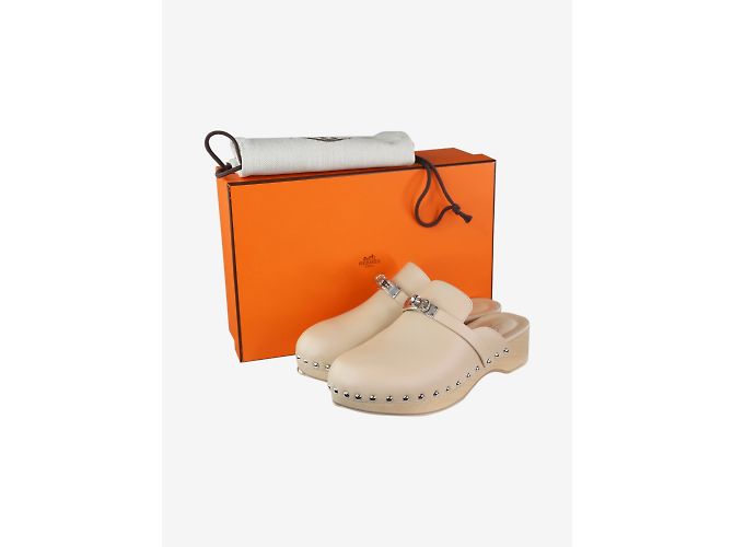 Kelly Hermès Cremefarbene Carlotta Clog-Mules – Größe EU 38 Roh - Ansicht 6