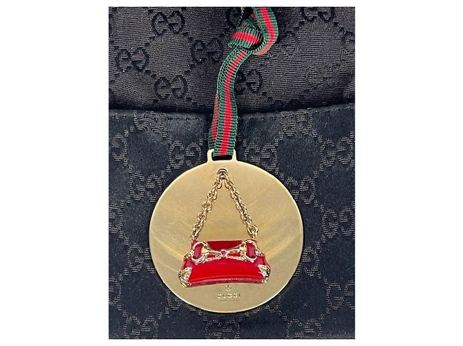 Gucci Taschenanhänger aus Leinen und Goldmetall Rot Grün Golden Dunkelgrün - Ansicht 10