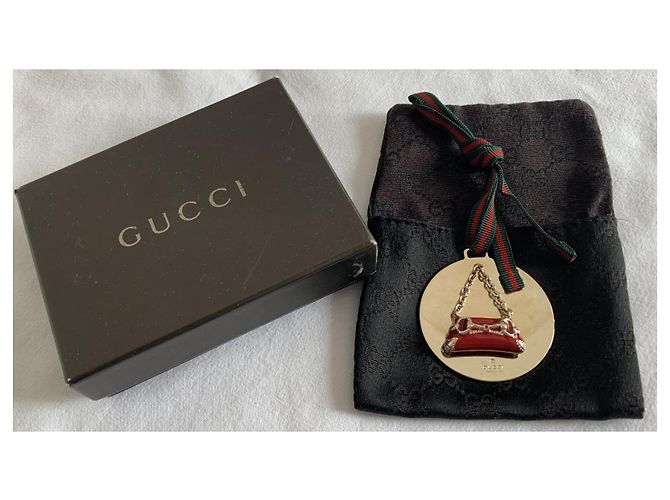Gucci Taschenanhänger aus Leinen und Goldmetall Rot Grün Golden Dunkelgrün - Ansicht 3
