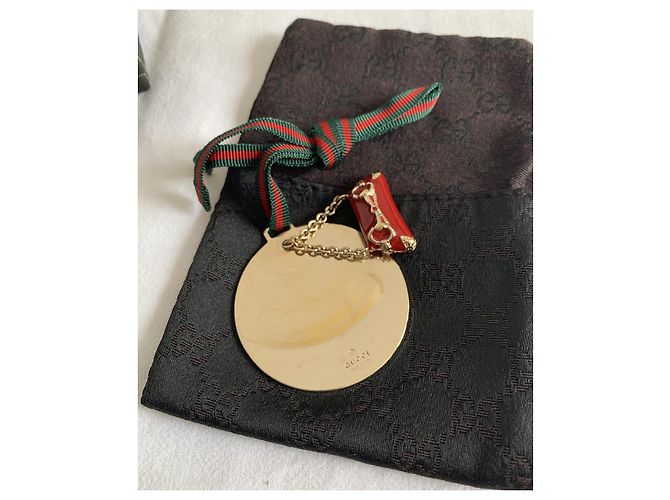 Gucci Taschenanhänger aus Leinen und Goldmetall Rot Grün Golden Dunkelgrün - Ansicht 6